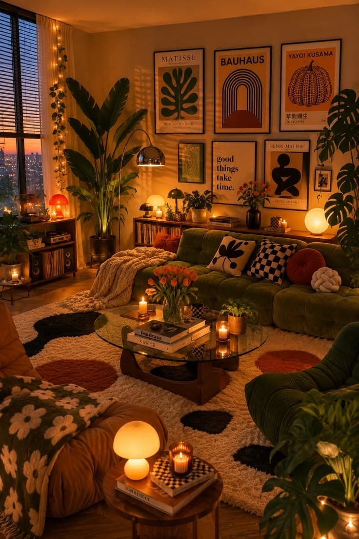 Curated living room with a green sofa, lamp lit